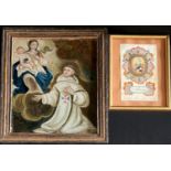 2 Objekte sakrale Volkskunst: Hinterglasbild mit einem Mönch in Verehrung der Madonna, Altersspuren,