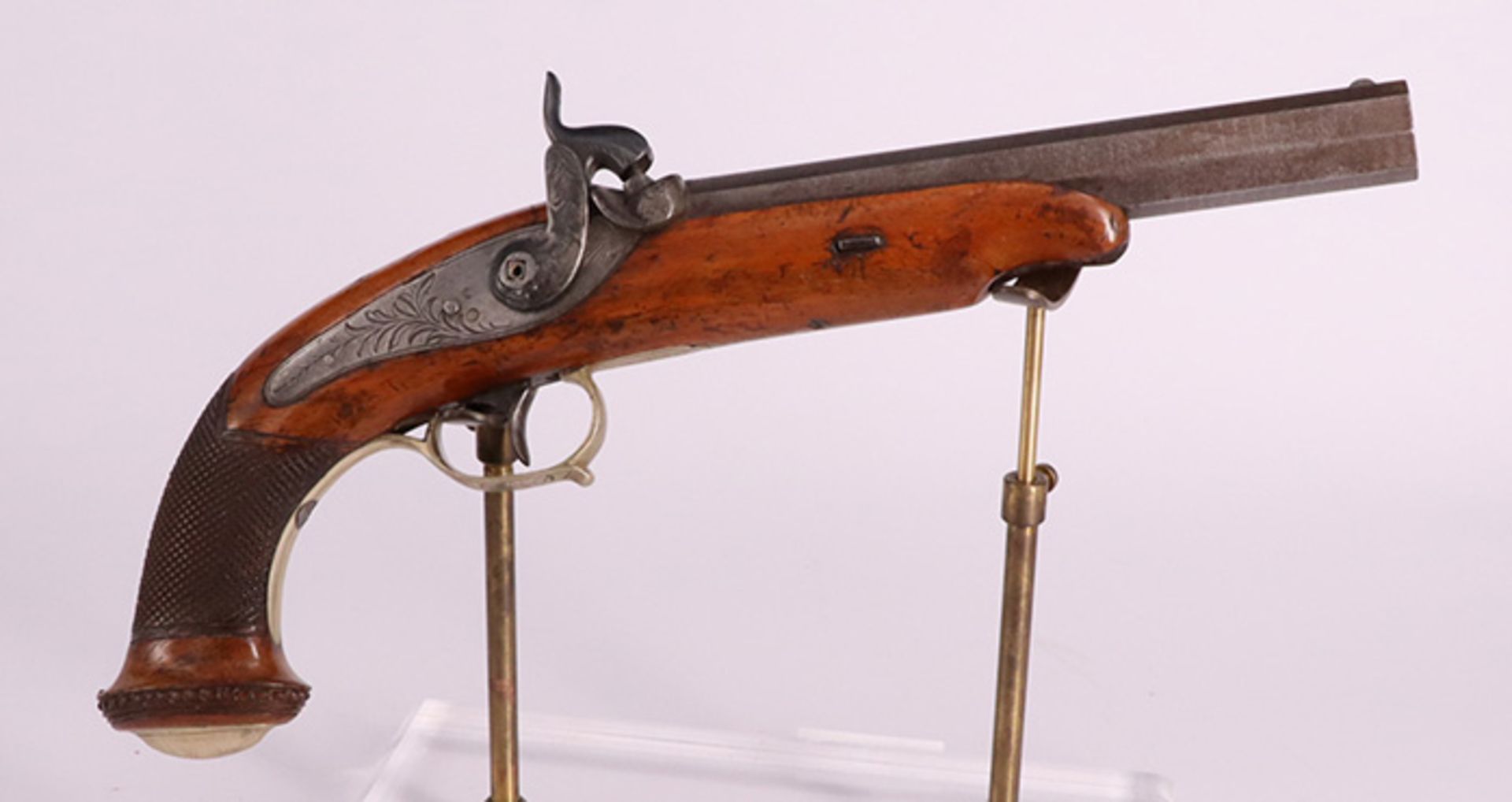 Perkussionspistole, 19. Jh, achtkantiger, gezogener Lauf, L 31 cm. Percussion pistol, 19th c.,