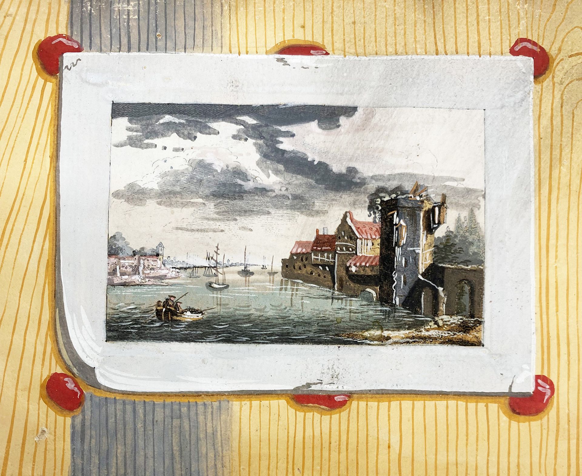 Paar kleine Landschaften, um 1900, Trompe l'oeil-Malerei, Hafenlandschaft und Winterlandschaft mit - Bild 5 aus 5
