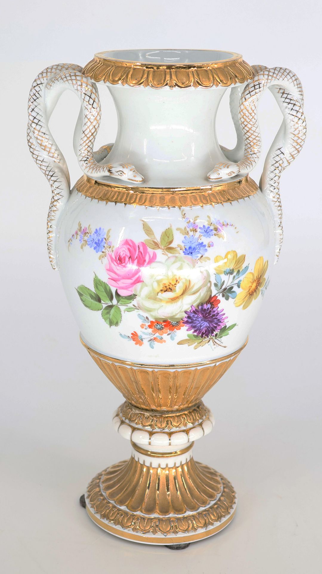 Amphoren-Vase Schlangenhenkel, Meissen, 1. Wahl, Schwertermarke Meißen, bauchiger Korpus Handhaben