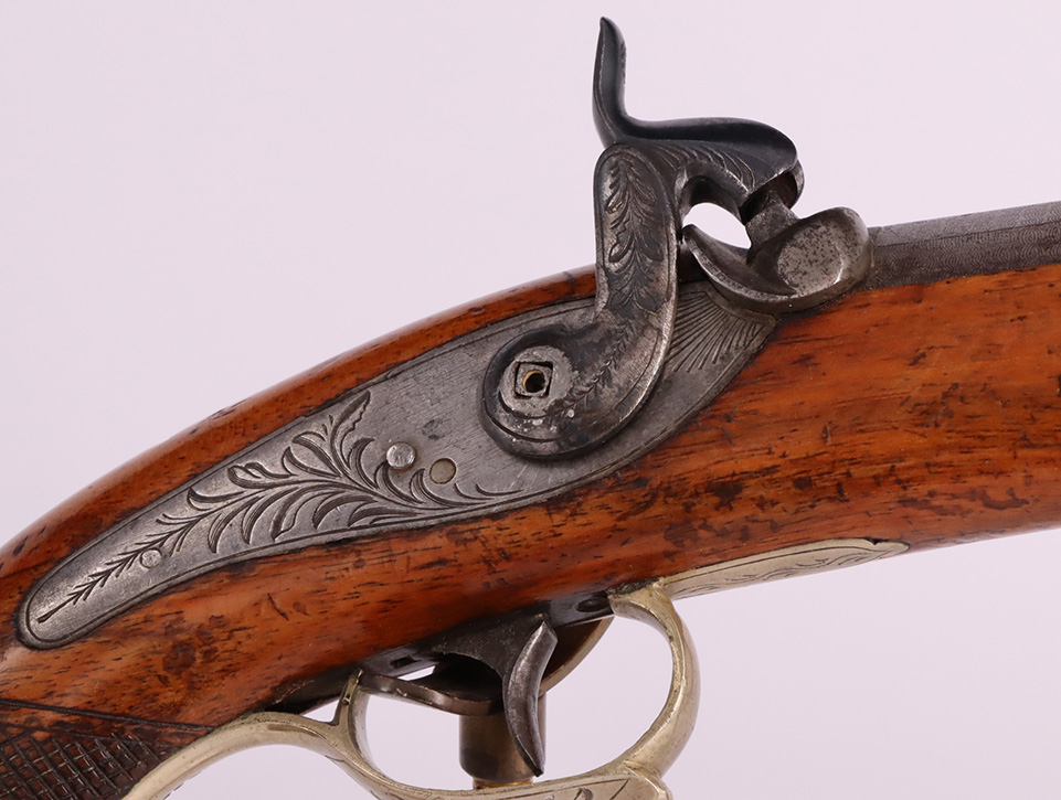 Perkussionspistole, 19. Jh, achtkantiger, gezogener Lauf, L 31 cm. Percussion pistol, 19th c., - Image 2 of 6