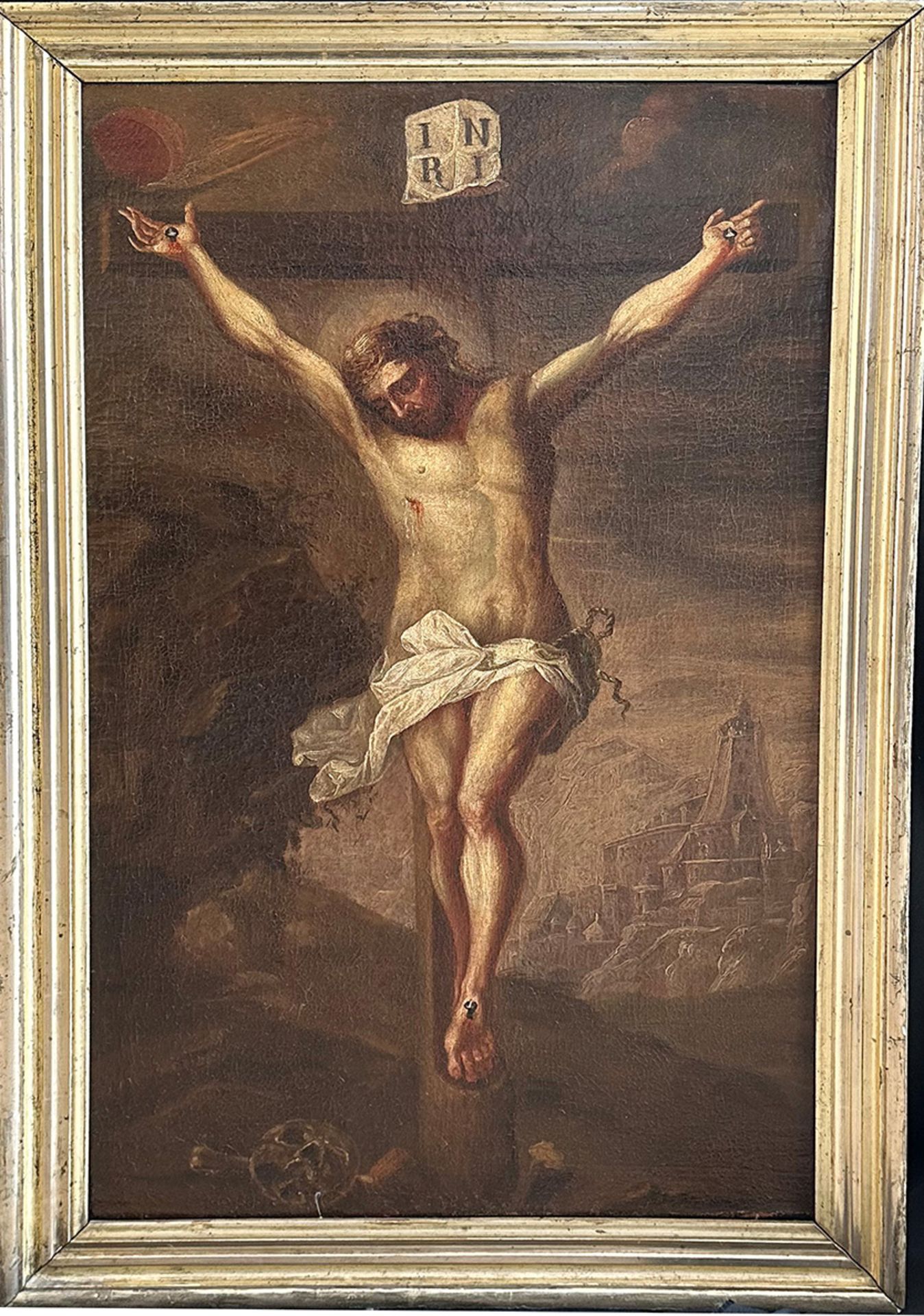Unbekannter Künstler, 18. Jh., Kreuzigung Jesu, im Hintergrund Jerusalem, (mit Restaurierungsbericht - Image 3 of 6