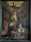 Franken, 18. Jh.,Christus am Kreuz mit trauernden Assistenzfiguren, Altersspuren, Farbverluste /