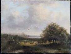 Unbekannter Maler, um 1840: Menschen und Vieh am Baum. Signiert, Öl/Lwd, Leinwandschaden, 35 x 44