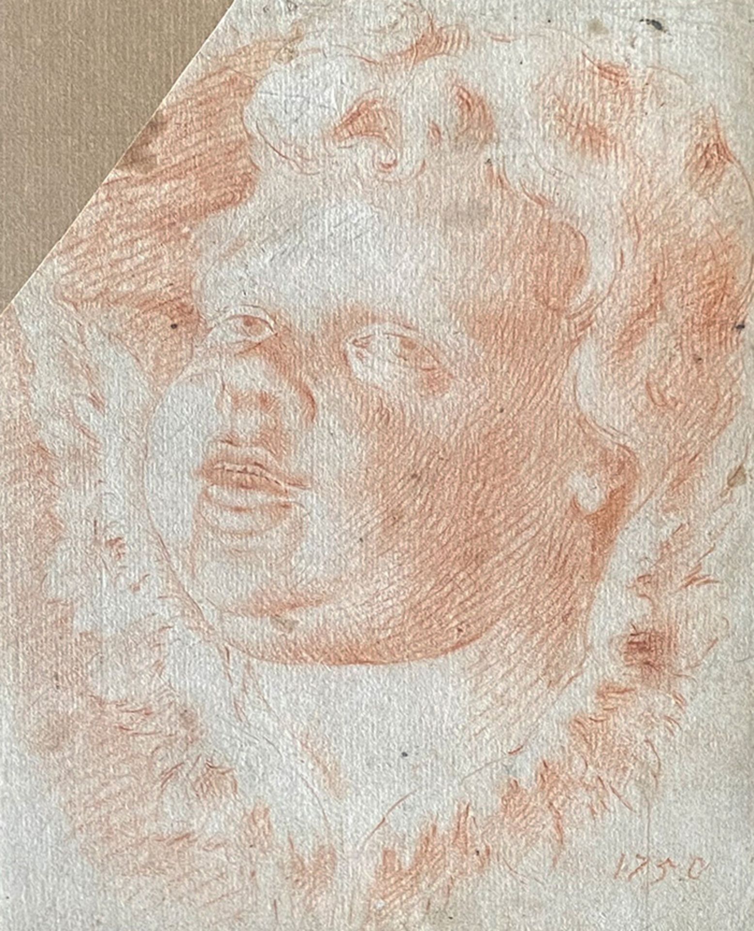 Drei Rötel-Zeichnungen: Kopf eines Putto mit geöffnetem Mund, die Augen nach oben gerichtet, dat. - Image 4 of 8