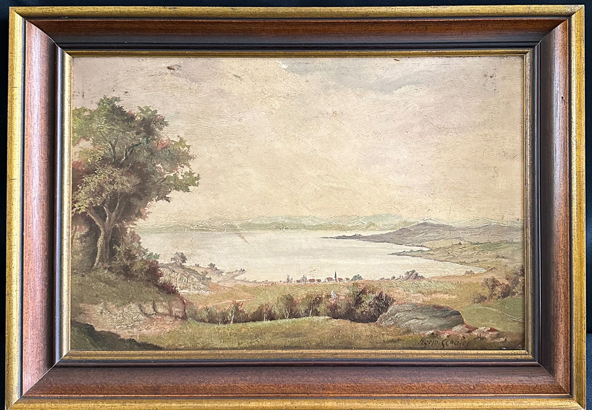 Herm. Schäfer, Dorf am See, signiert, Öl/Holzplatte, 32 x 46,5 cm. Herm. Schäfer, village by the - Bild 2 aus 4