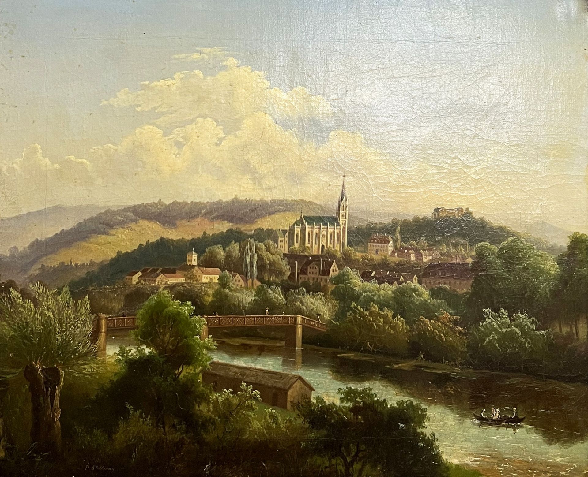 P. Stellwag, Flußlandschaft mit Kirche und Ortschaft/ River landscape with church and village.