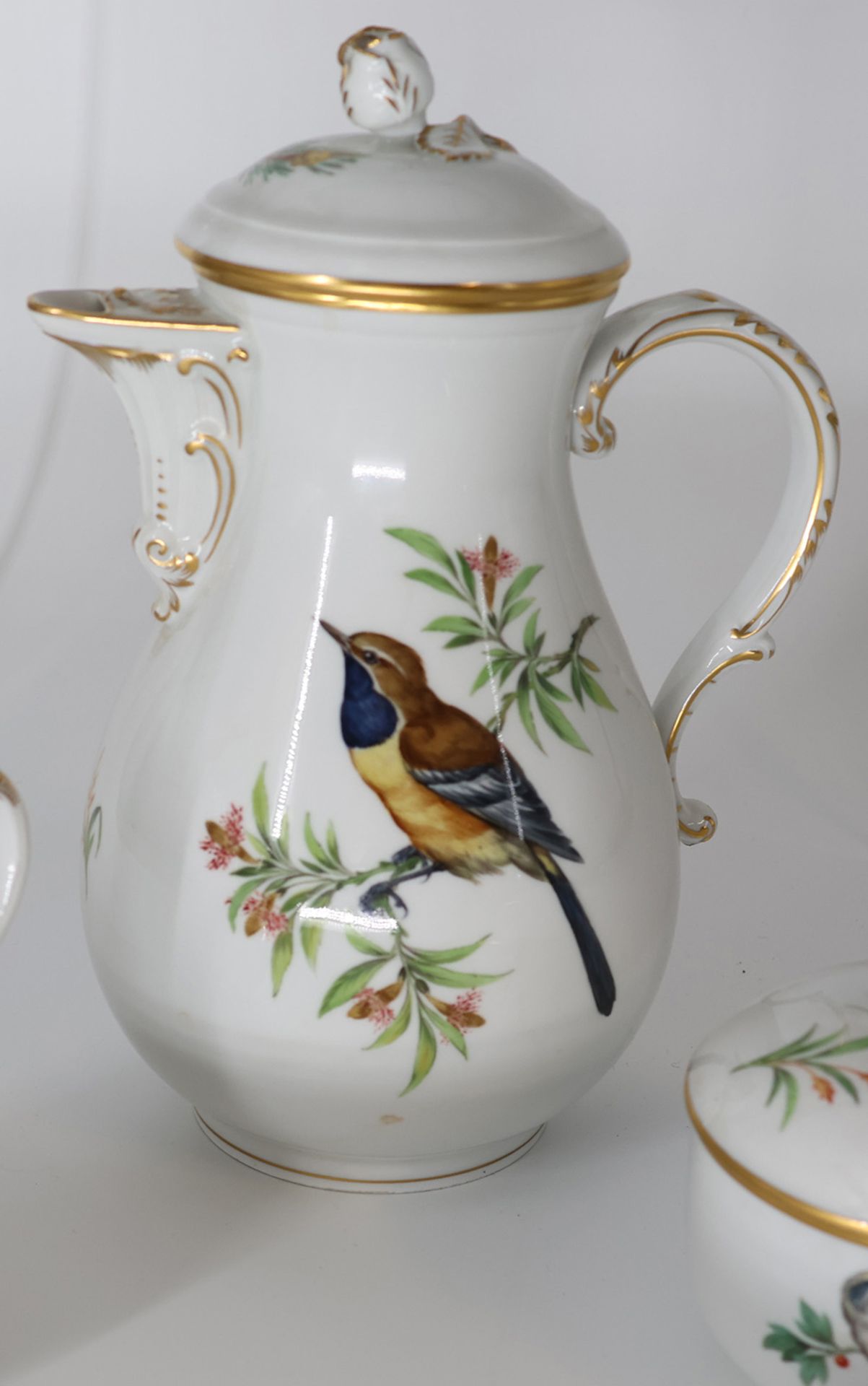 Kaffeeservice Porzellan, Meissen, Goldrand, feine Malerei mit Vögeln und Insekten, Schwertermarke - Bild 2 aus 8
