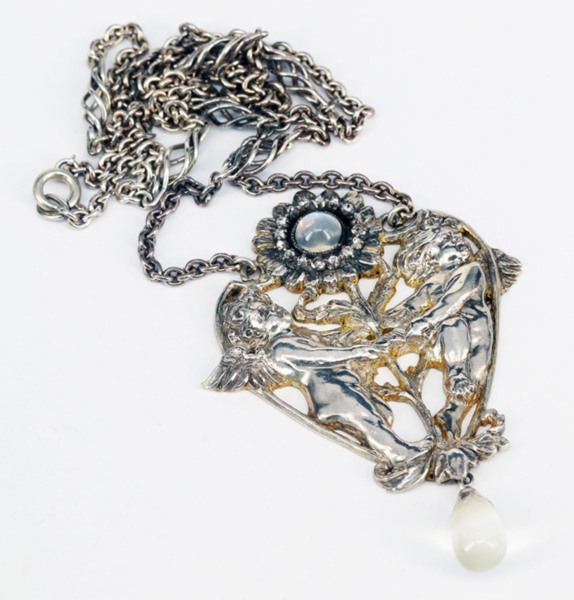 Konvolut 3 Schmuckstücke, u.a. Theodor Fahrner: Collier mit Anhänger, Jugendstil, um 1900, 800er - Image 6 of 10