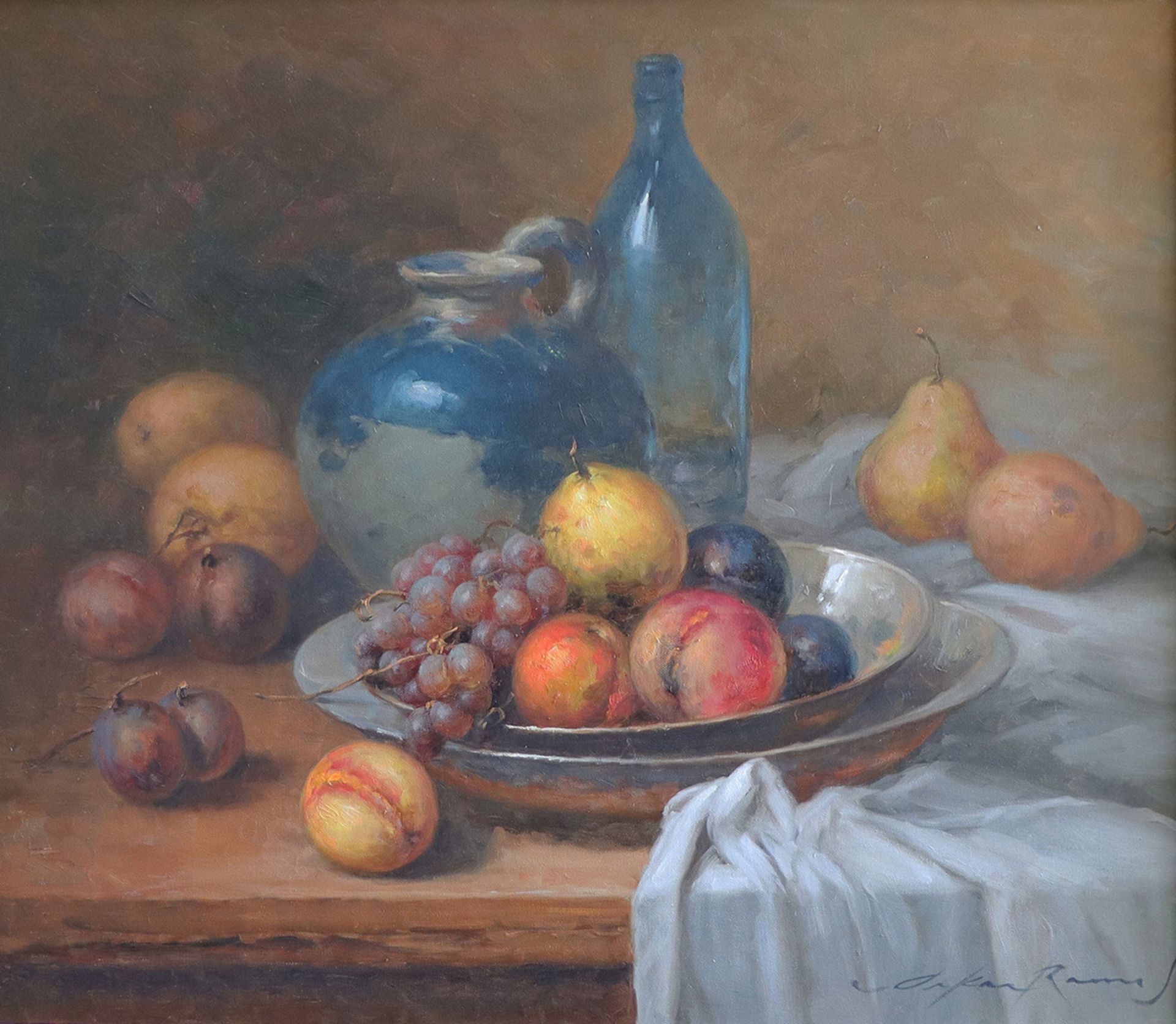 Oskar Ramos. Früchte-Stillleben mit Krug und Flasche. Signiert, Öl/Lwd, 60 x 70 cm. Zugabe: Oskar - Image 2 of 6