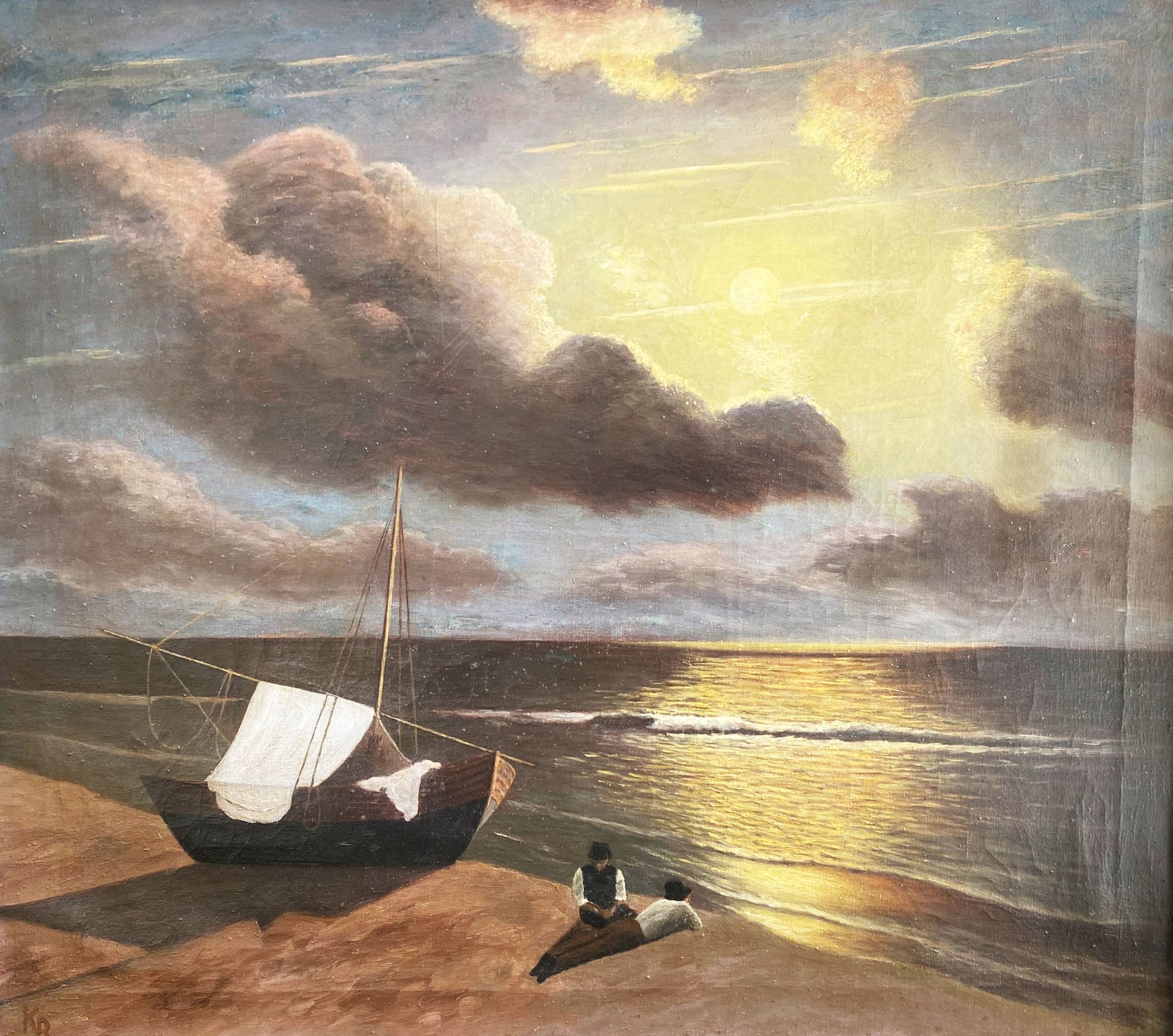 Unbekannter Künstler (1930er Jahre), Landschaft am Meer mit Fischern im Mondschein, monogrammiert