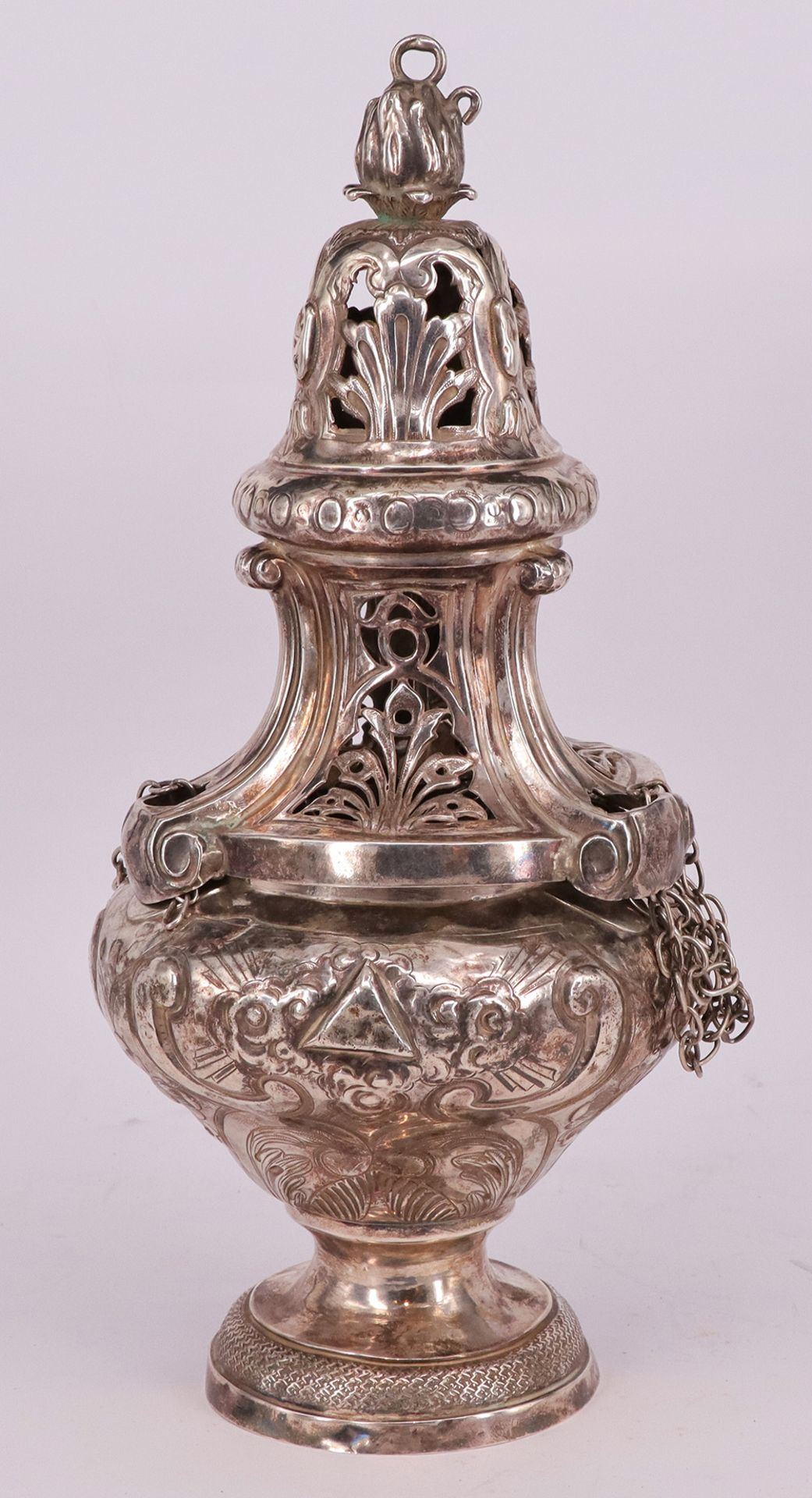 Weihrauchschwenker, Räuchergefäß, Silber, gepunzt, H 27 cm, 588gr / Incense burner, silver,