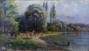 Friedrich Moritz (1866-1947). Viehtränke im Wald. Signiert, Öl/Lwd, 17 x 32 cm