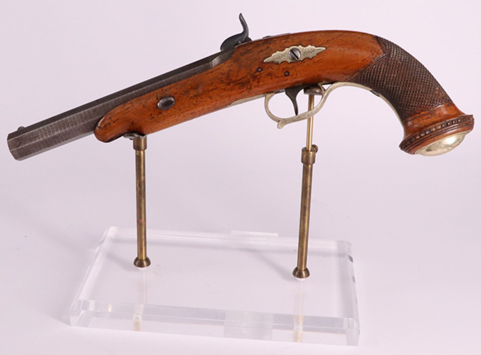 Perkussionspistole, 19. Jh, achtkantiger, gezogener Lauf, L 31 cm. Percussion pistol, 19th c., - Image 4 of 6