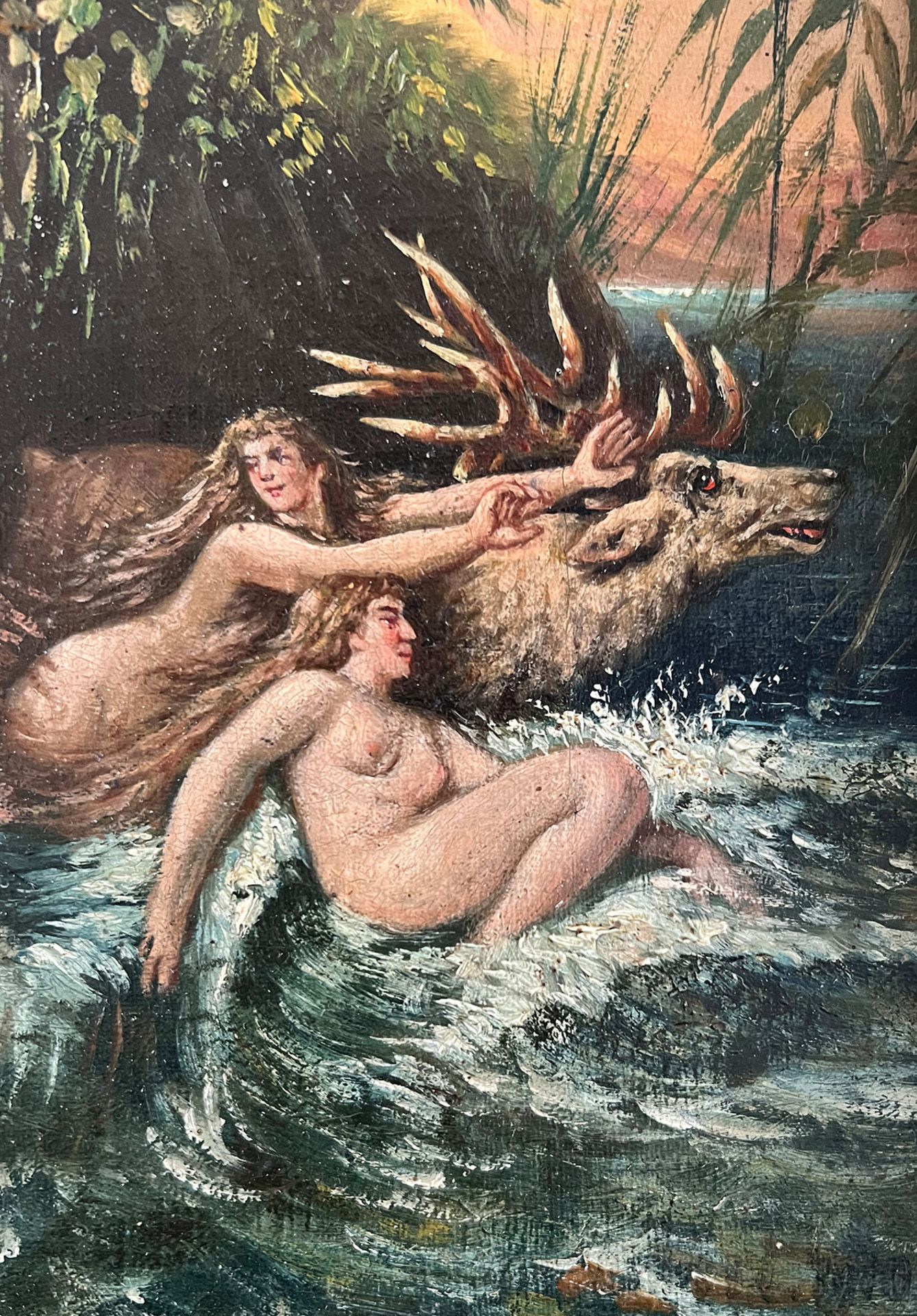 Unbekannter Künstler, 19. Jh., Jagdgöttin Diana mit ihren Gefährtinnen, Wild und Hunden am See, - Image 4 of 6