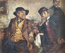 Unbekannter Maler. Männer mit Getränken am Tisch. Öl auf Hartfaser, 21,5 x 25 cm