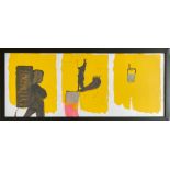 Cornelia Schleime (*1953 Berlin), Figurinen vor gelbem Hintergrund, 1989, Mischtechnik/ Zeichnung/