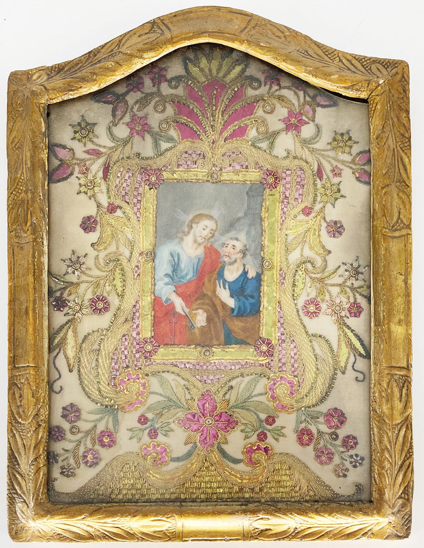 Drei Klosterarbeiten, Heiligenbilder, 18./19. Jh.: Hl. Nepomuk mit Kruzifix in der Hand, vor einem - Image 3 of 5