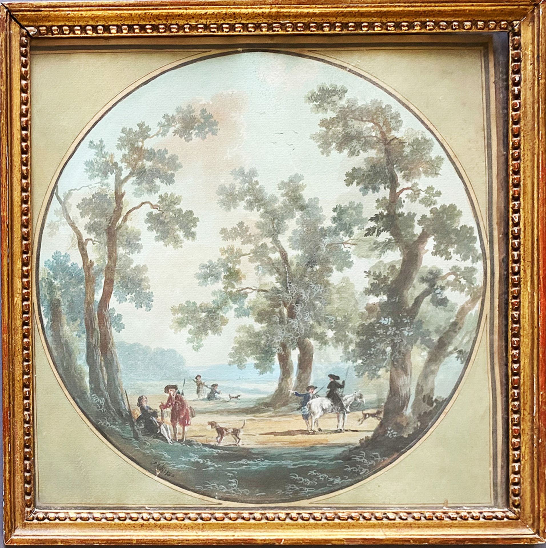 Konvolut Landschaftsaquarelle: Tondo mit Jagdszenen unter hohen Bäumen, dat. "1780", unleserl. - Bild 5 aus 10