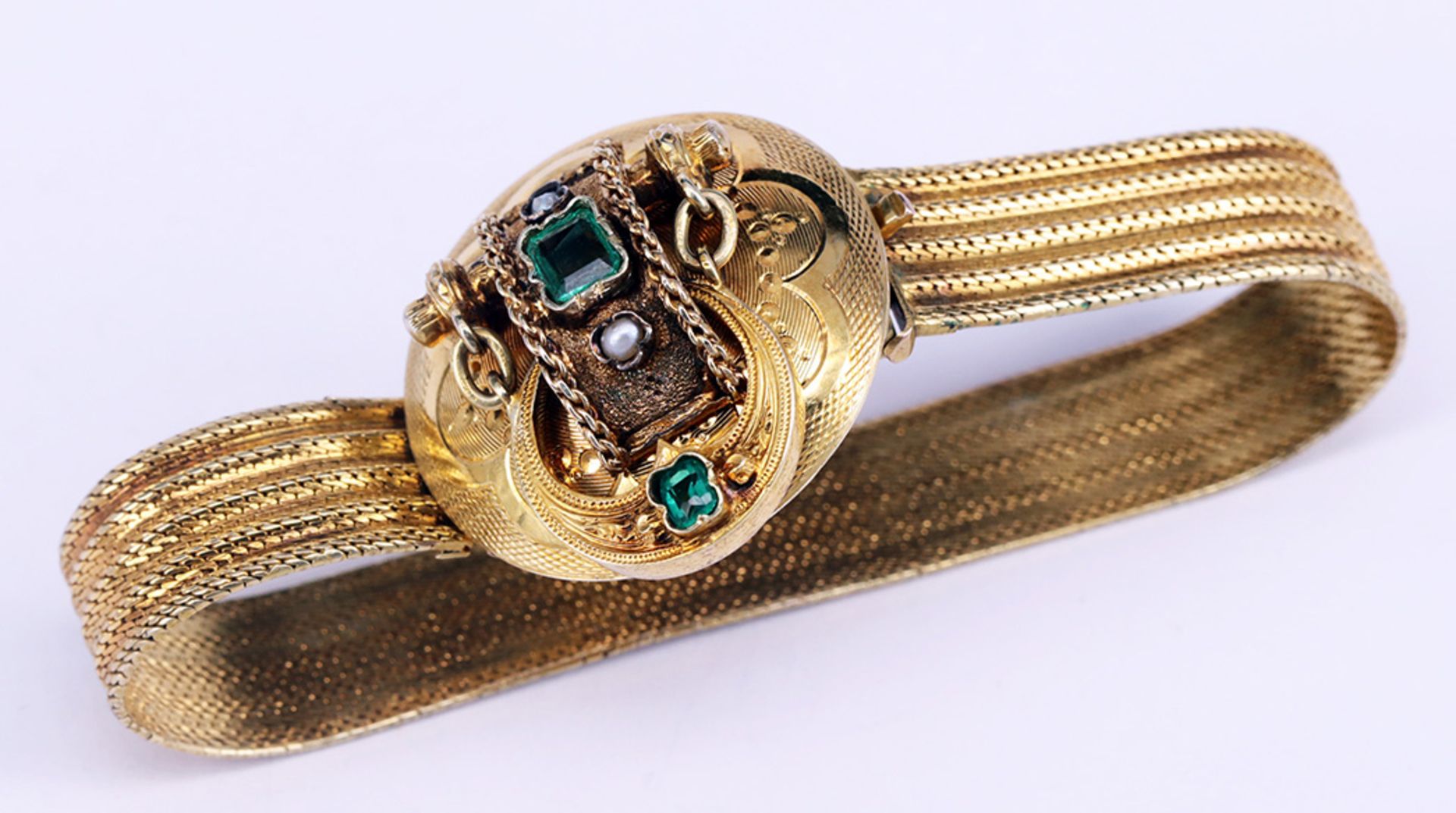 3 Schmuckstücke: Armband, um 1860, 585er GG (geprüft), mit Schließe in Form einer Gürtelschnalle, - Bild 3 aus 8