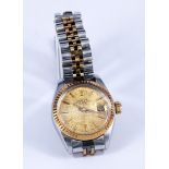 Rolex Damenarmbanduhr, Oyster Perpetual Date, bicolor, Zifferblatt mit Krone auf der 12, großer