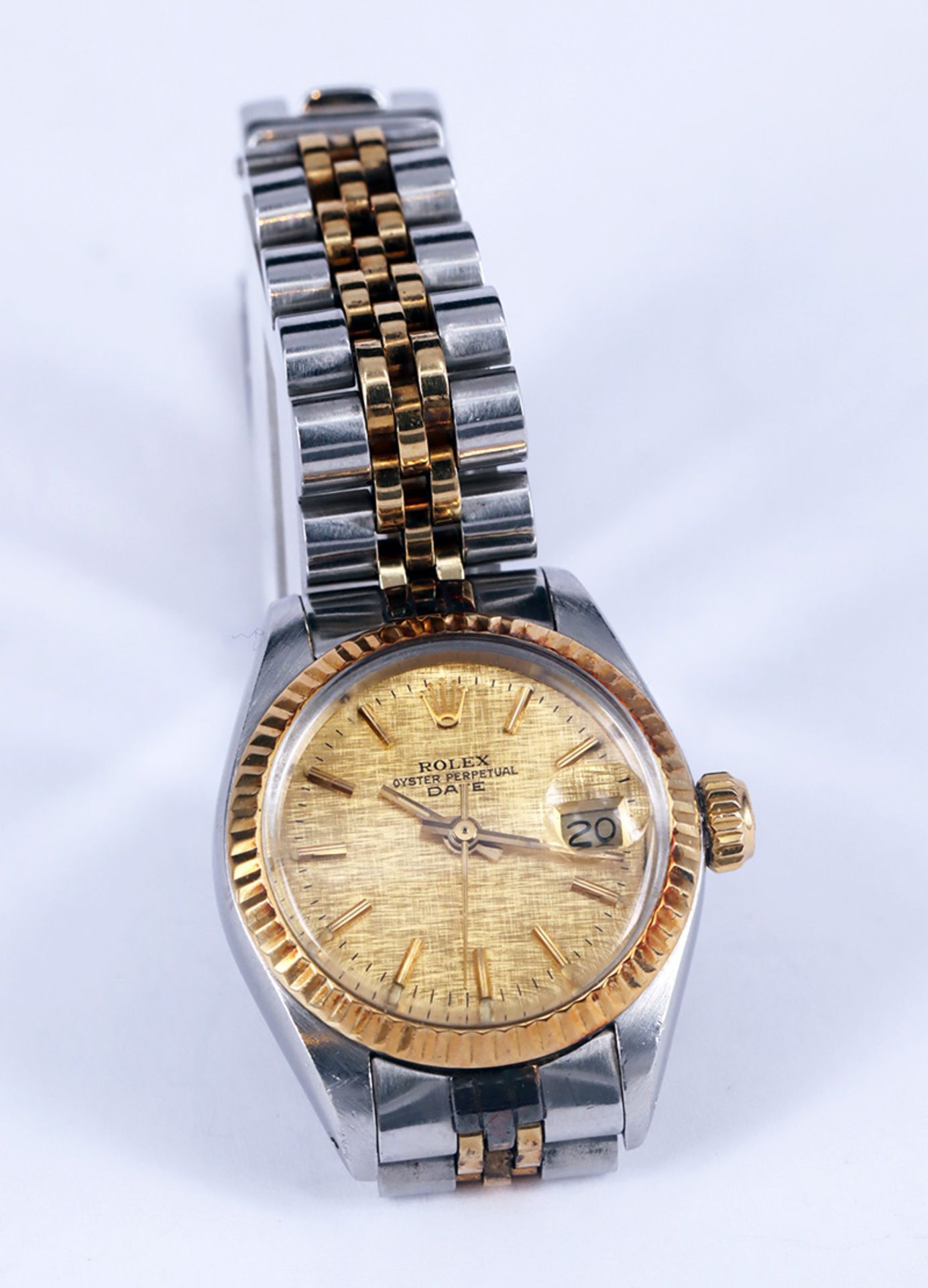 Rolex Damenarmbanduhr, Oyster Perpetual Date, bicolor, Zifferblatt mit Krone auf der 12, großer