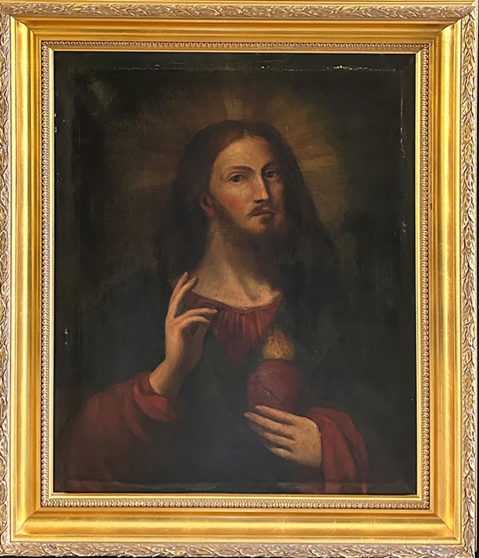 Unbekannter Künstler, Andachtsbild, 19. Jh., Jesus mit flammenden Herzen, Öl/Lwd, Altersspuren, 82 x - Bild 4 aus 4