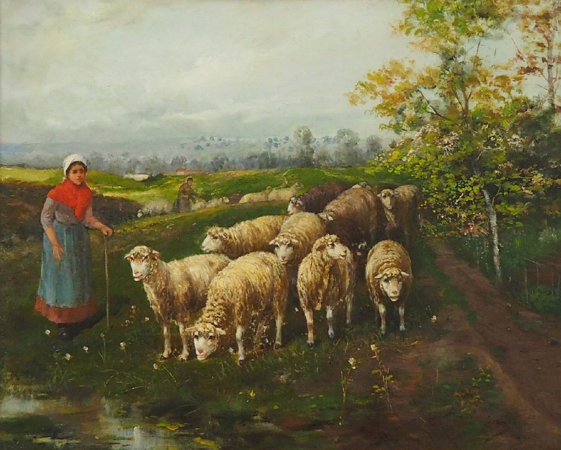 JARDINES, José Maria, 1862 Cadiz - ca. 1914. Hirtin mit Schafherde auf der Weide in hügeliger Landsc