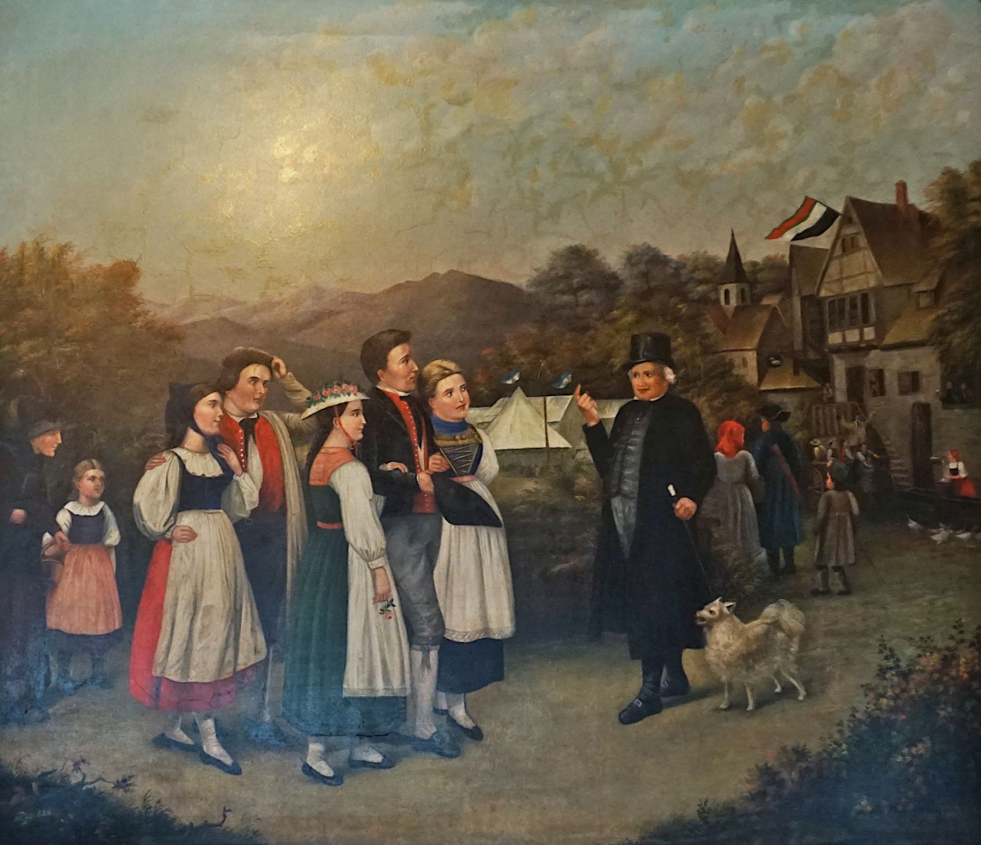 1 Ölgemälde "Dörfliche Hochzeit in Bayern", wohl 19. Jh., H ca. 106cm B ca. 125cm, doubliert, rest.,