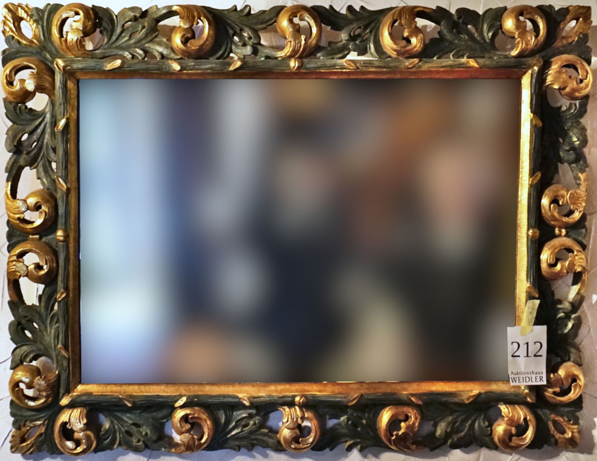 1 Spiegel, holzgeschnitzt, bemalt und vergoldet, H ca. 97cm B ca. 126cm, sowie 1 Holzfigur "Heilige"