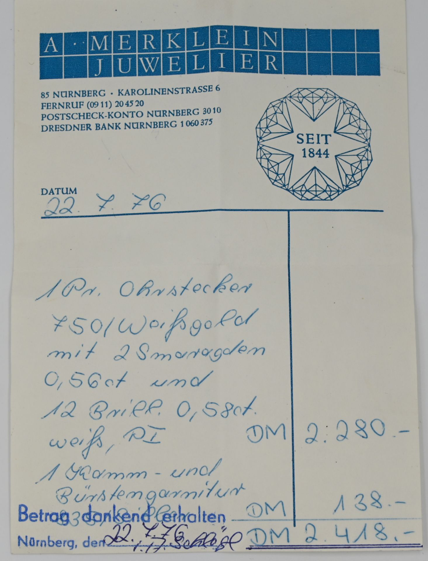 1 Paar Ohrstecker WG 18ct., lt. Rechnung gekauft Juwelier MERKLEIN Nürnberg im Jahr 1976, - Bild 2 aus 2