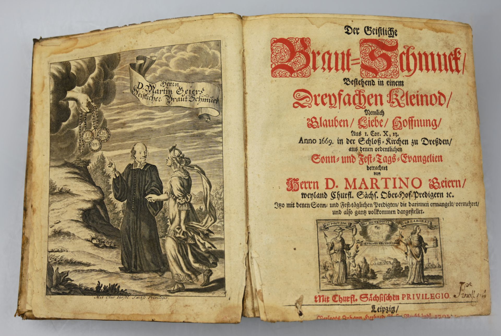 1 Buch "Der Geistliche Braut Schmuck" v. D. MARTINO, Leipzig 1701, z.T. besch. Buchrücken fehlt u.a.