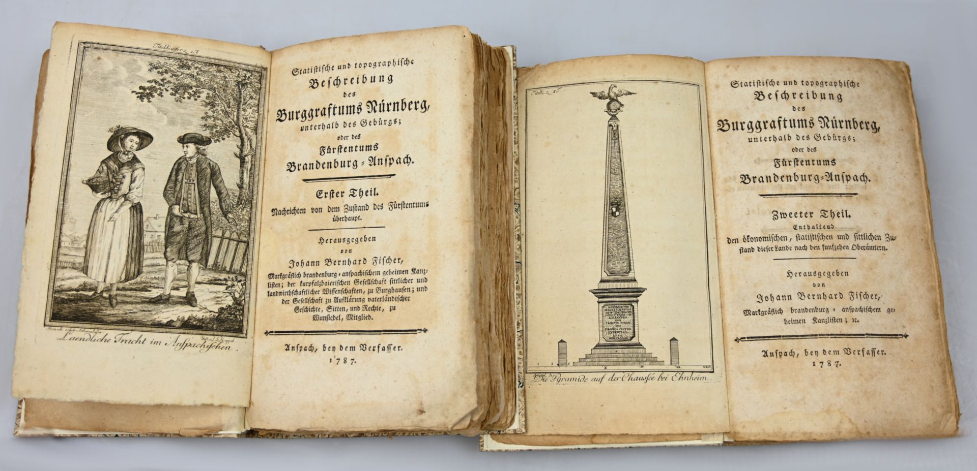 2 Bücher "Beschreibung des Burggraftums Nürnberg" Anspach 1787, 1. und 2. Theil, je neu gebunden,