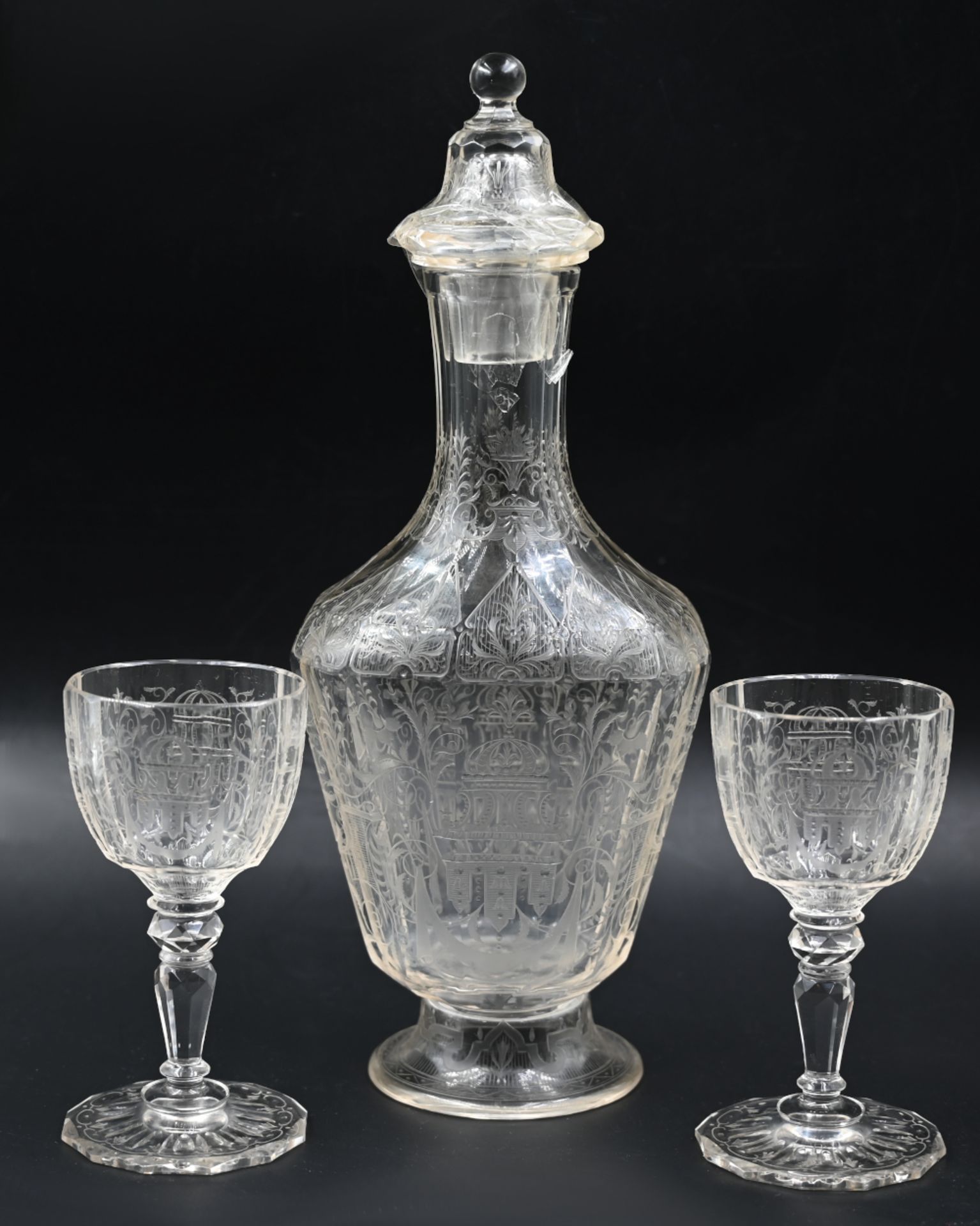 1 Karaffe mit 2 Likörgläsern, Glas, Biedermeier um 1830,