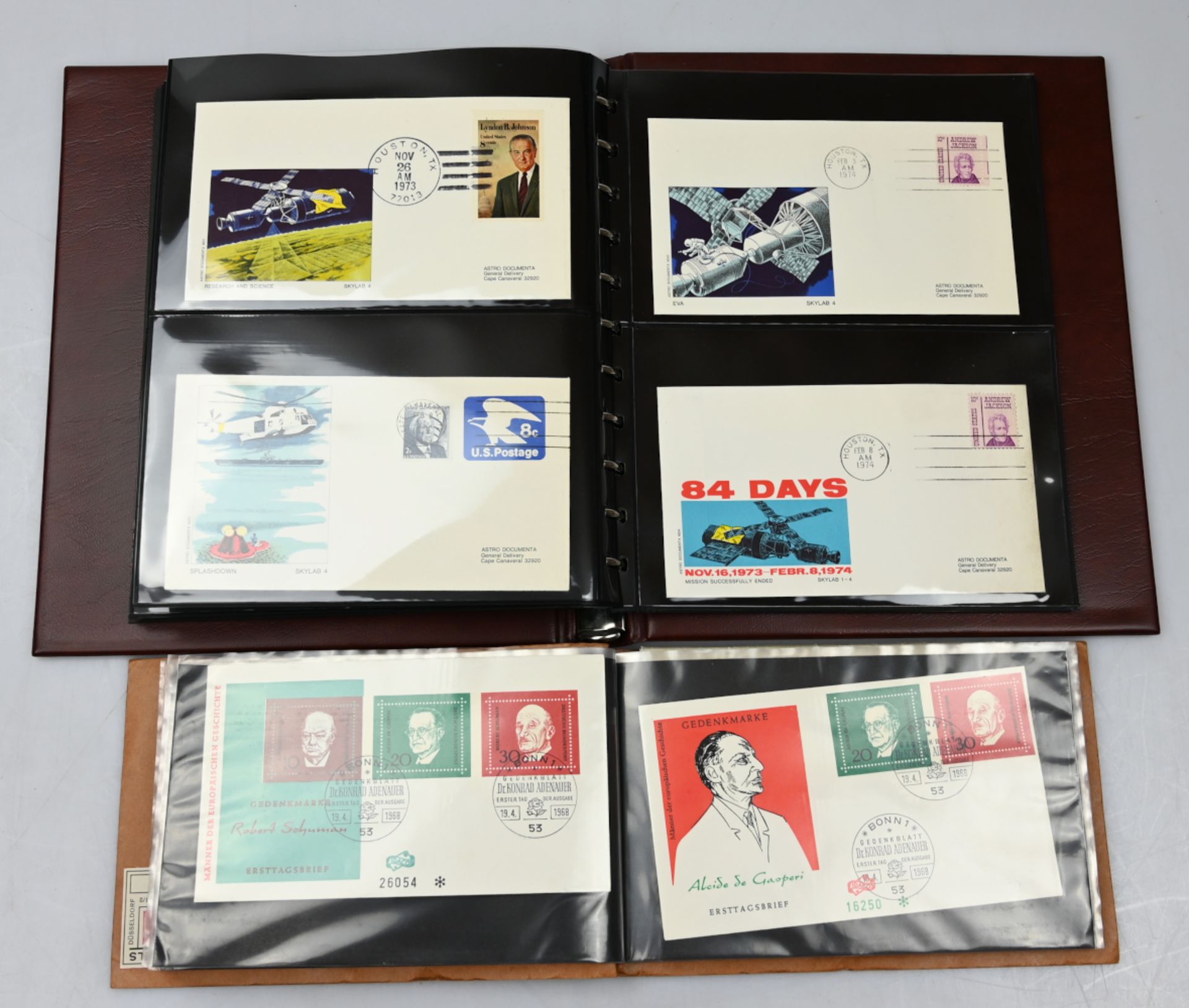 3 Alben/3 Ordner mit Briefmarken BRD, Alle Welt 20. Jh., ETB's, Sonderbriefe v.a. "Apollo"-Missionen