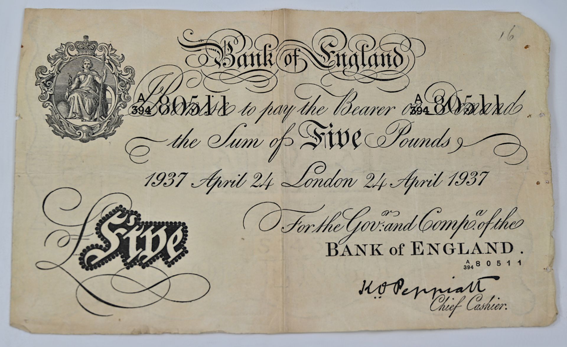 1 Geldschein Bank of England "5 Pounds", London 1937, mit Rechercheausdruck, Knicke und Asp.