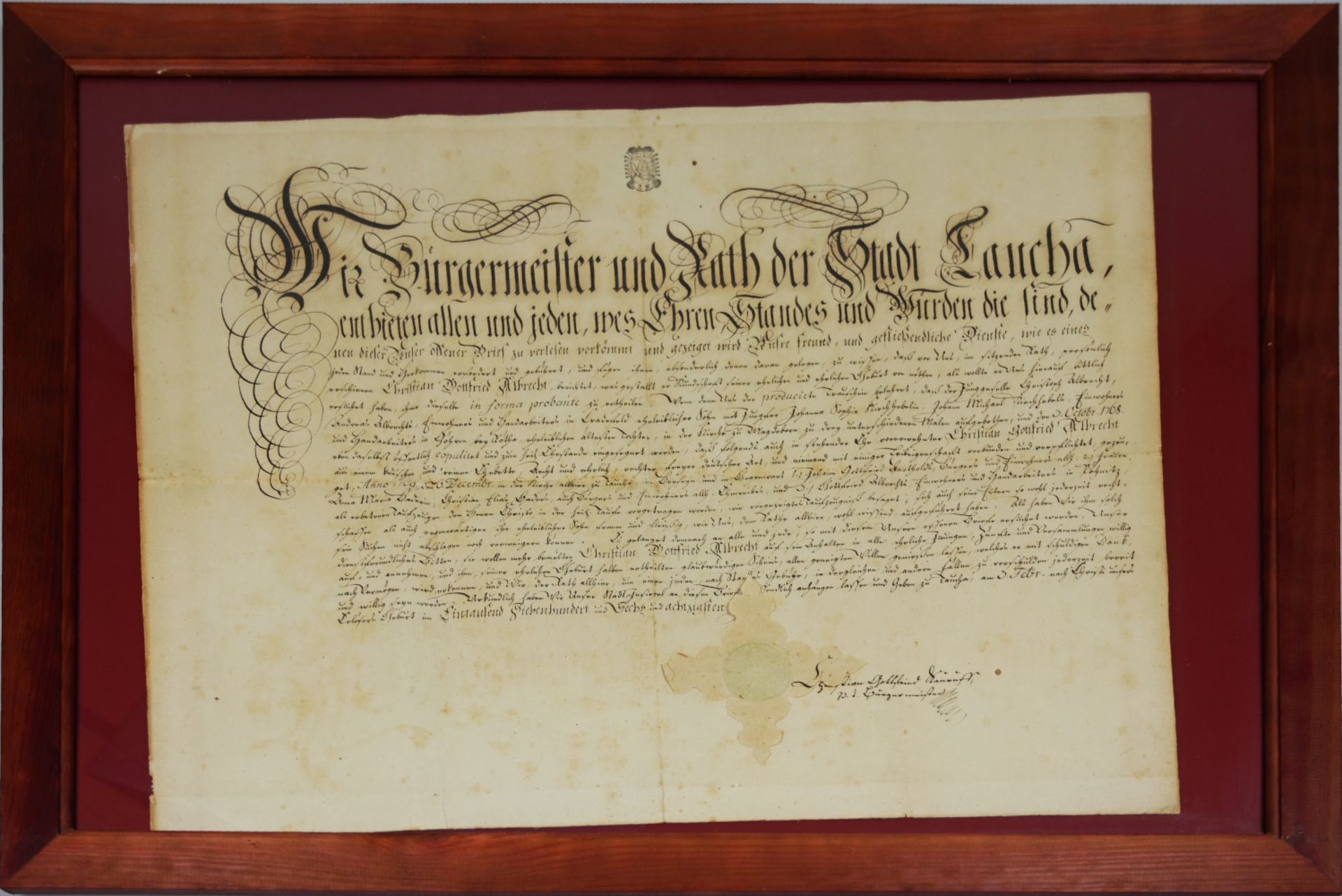 1 offizieller Brief des Bürgermeisters und Rats der Stadt Laucha, dat. 1786, mit Siegel, RhG-Gesamtm