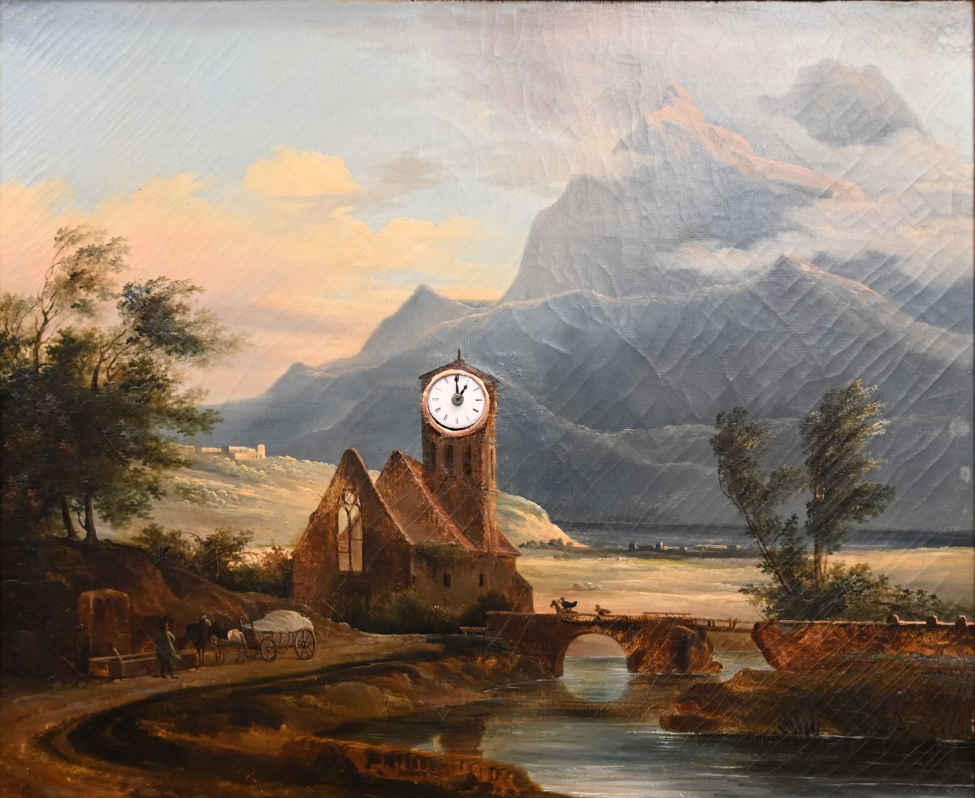 1 Bilderuhr unsign. (wohl 19. Jh.) "Phantasielandschaft mit Kirchenruine" Öl/Lwd. ca. 45x53,5cm,