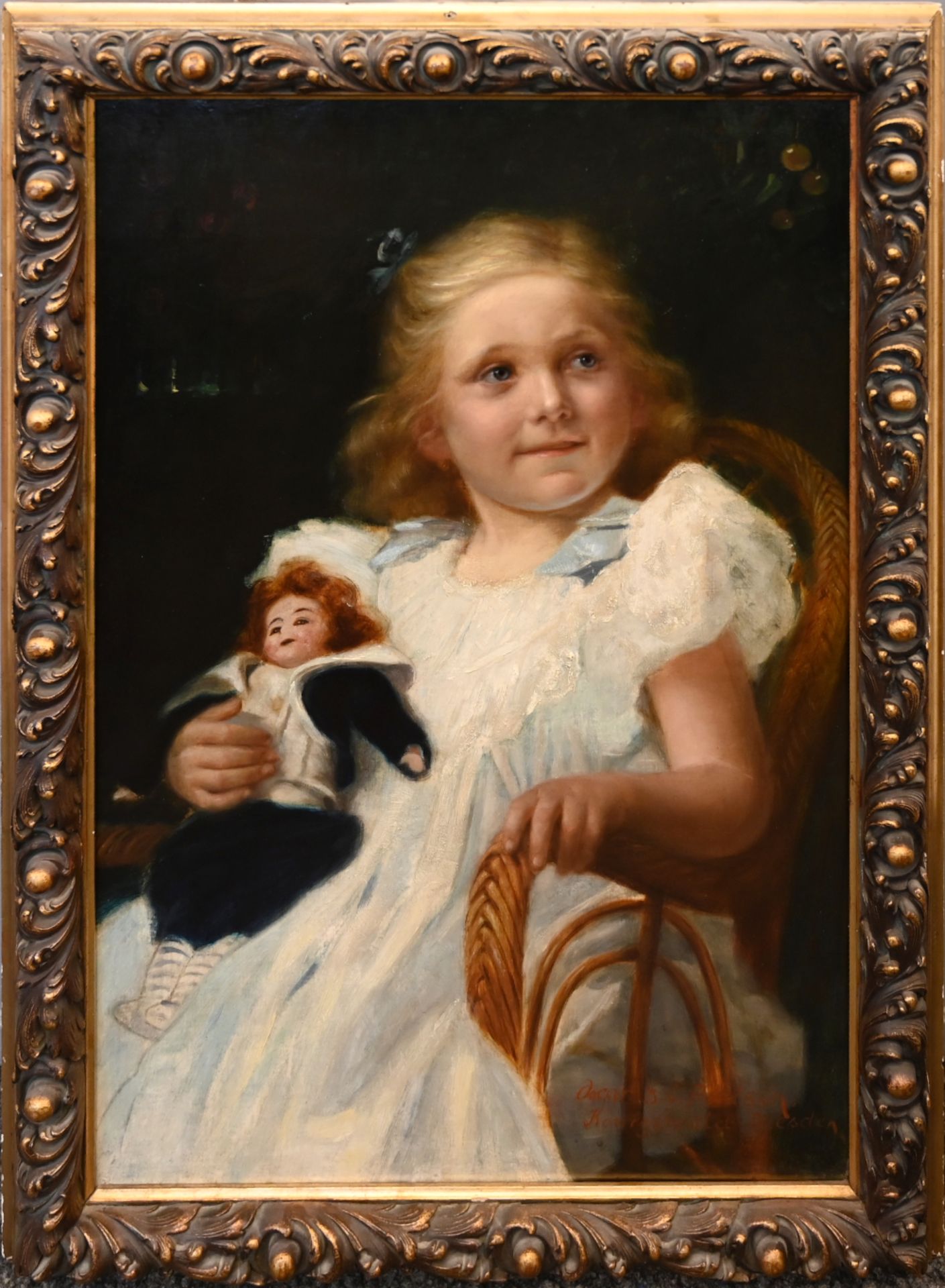 1 Ölgemälde r.u. sign. Oscar F. C. PLETSCH (wohl Oskar P. 1830-1888), "Mädchen mit Puppe im Korbstuh - Bild 2 aus 3