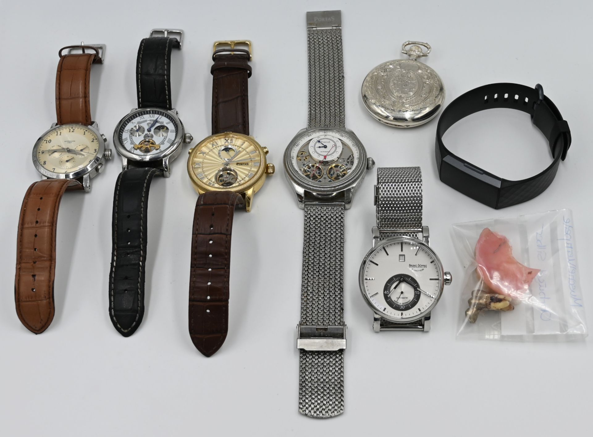 1 Konv. Armbanduhren: Edelstahl u.a., wie z.B. PORTAS, BRUNO SÖHNLE, 1 Taschenuhr Metall, sowie min.