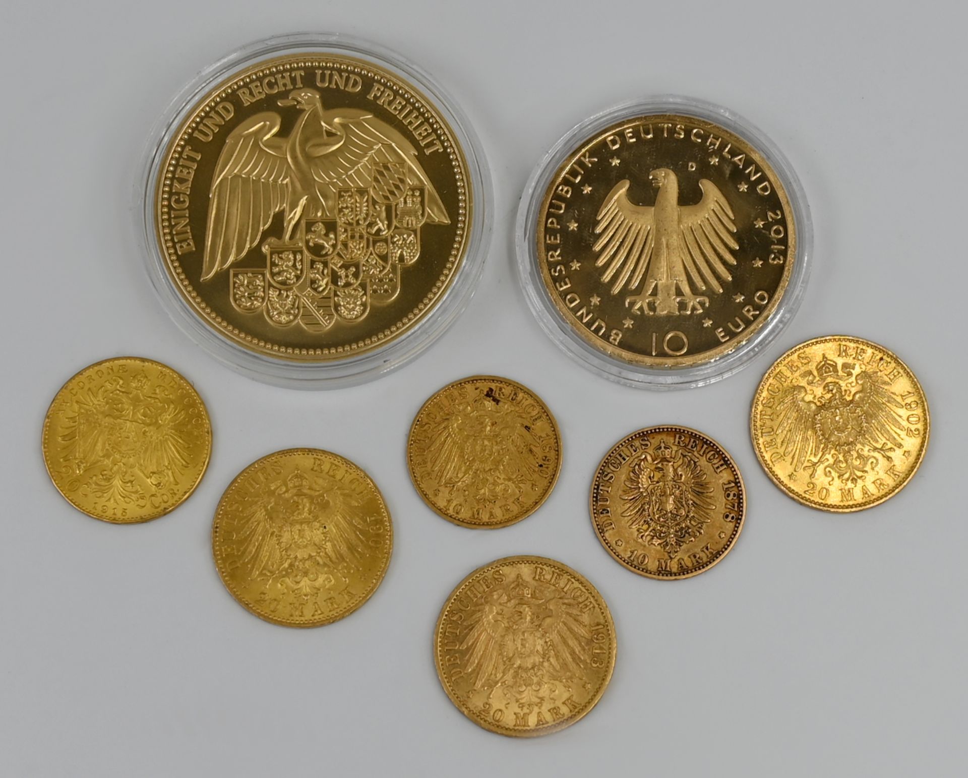 6 Goldmünzen, Dt. Reich, 20 DM/10 DM, Österreich; sowie 2 Medaillen, je BRD, je wohl vergoldet, z.T. - Image 2 of 2