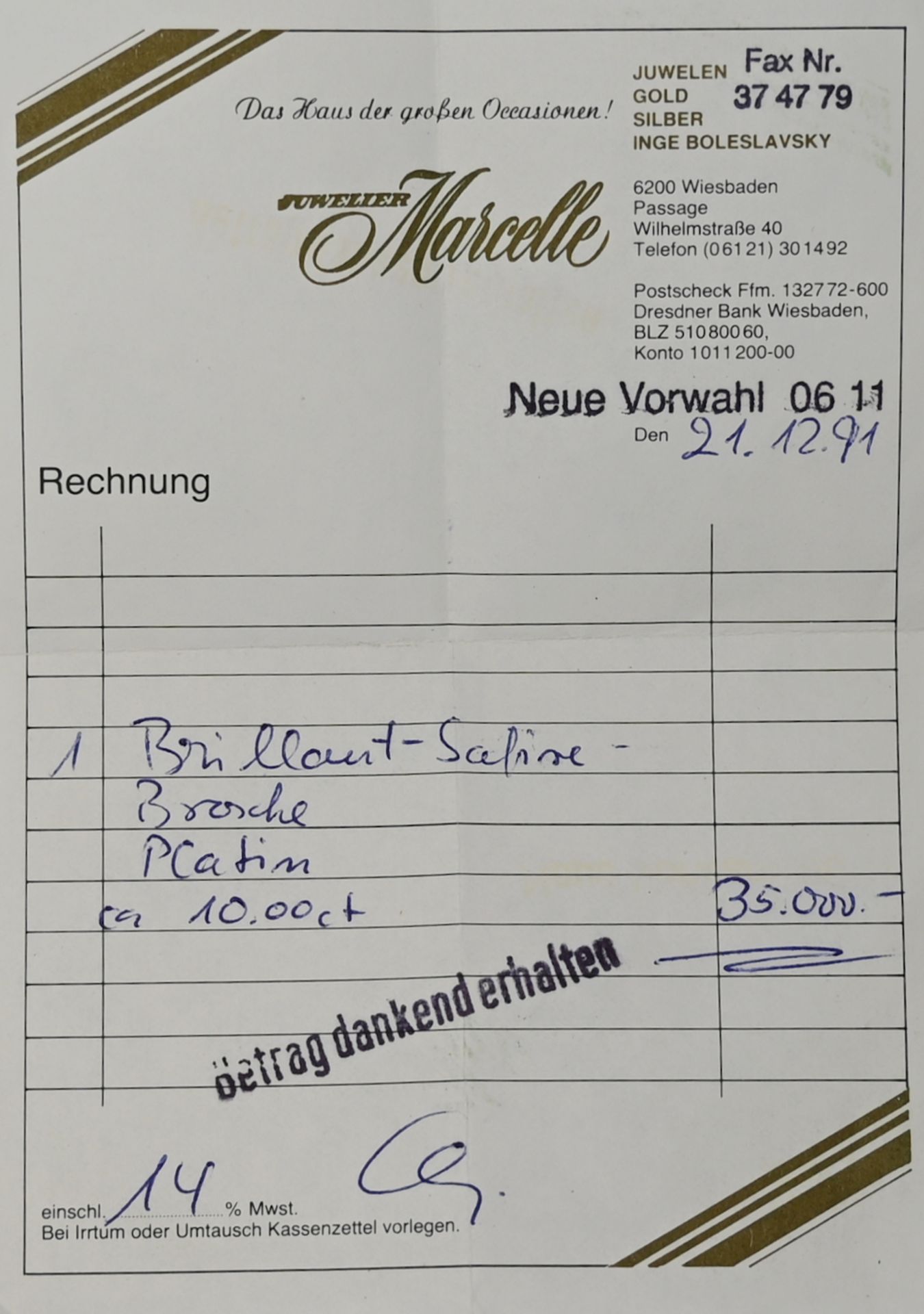 1 Brosche ungestempelt, lt. Rechnung gekauft bei Juwelier MARCELLE Wiesbaden: Platin mit Saphiren (8 - Bild 4 aus 4