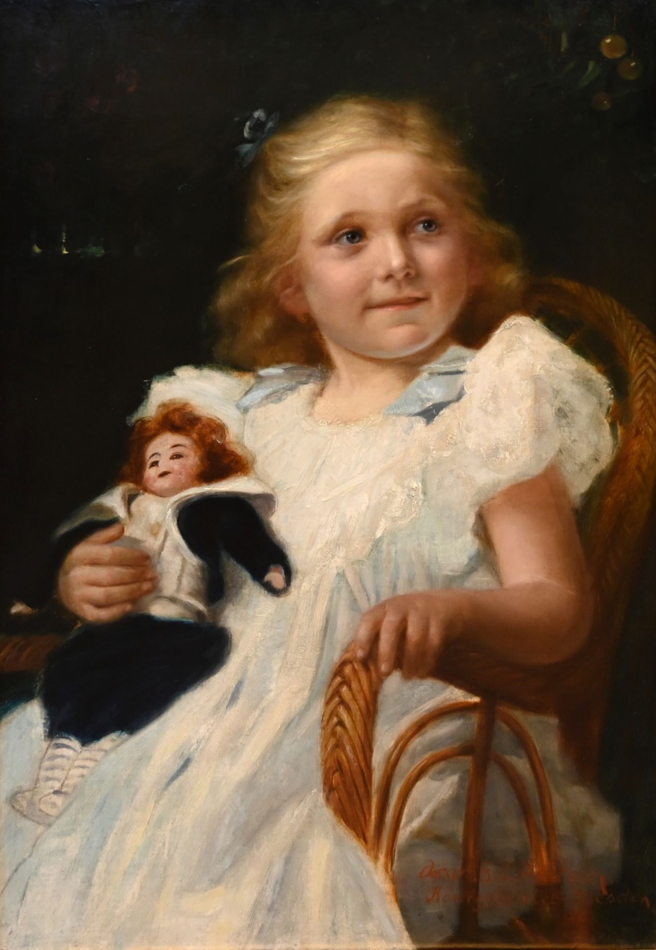1 Ölgemälde r.u. sign. Oscar F. C. PLETSCH (wohl Oskar P. 1830-1888), "Mädchen mit Puppe im Korbstuh
