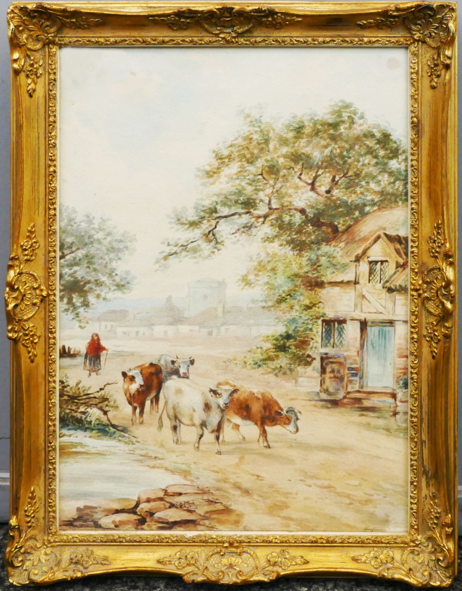 1 Aquarell r.u. sign. KAUFMANN (wohl 19./20. Jh.) "Kühe auf dem Weg zum Stall"  - Bild 2 aus 4