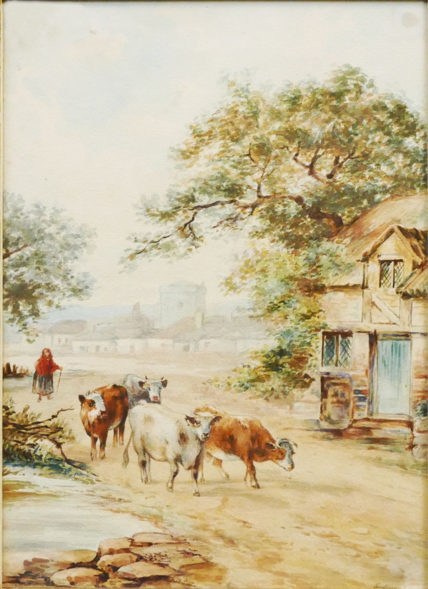 1 Aquarell r.u. sign. KAUFMANN (wohl 19./20. Jh.) "Kühe auf dem Weg zum Stall" 