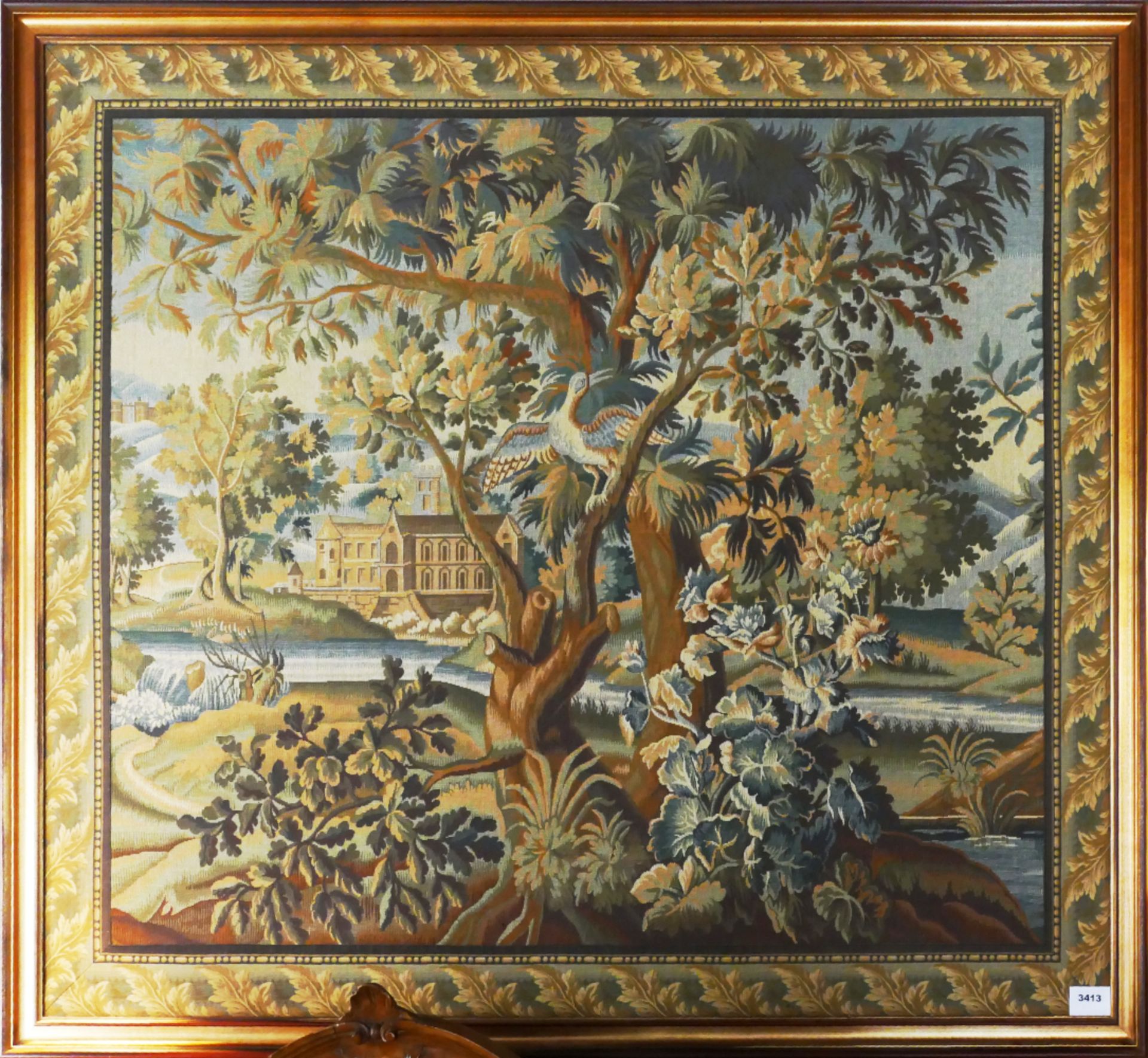 1 Tapisserie 20. Jh. „Landschaft mit Herrensitz und zentralem Vogel“, 