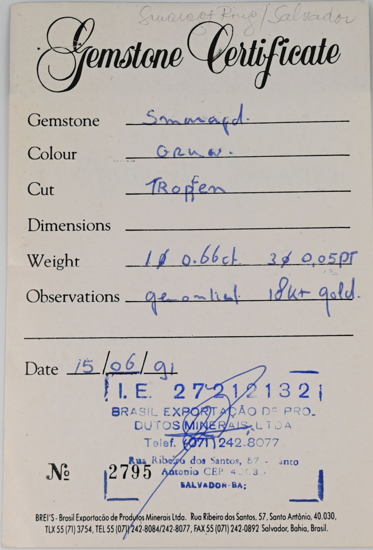 1 Damenring GG 18ct., lt. Zertifikat Smaragdtropfen ca. 0,66ct. & 3 Brill. zus. ca. 0,05ct., gekauft - Image 3 of 3