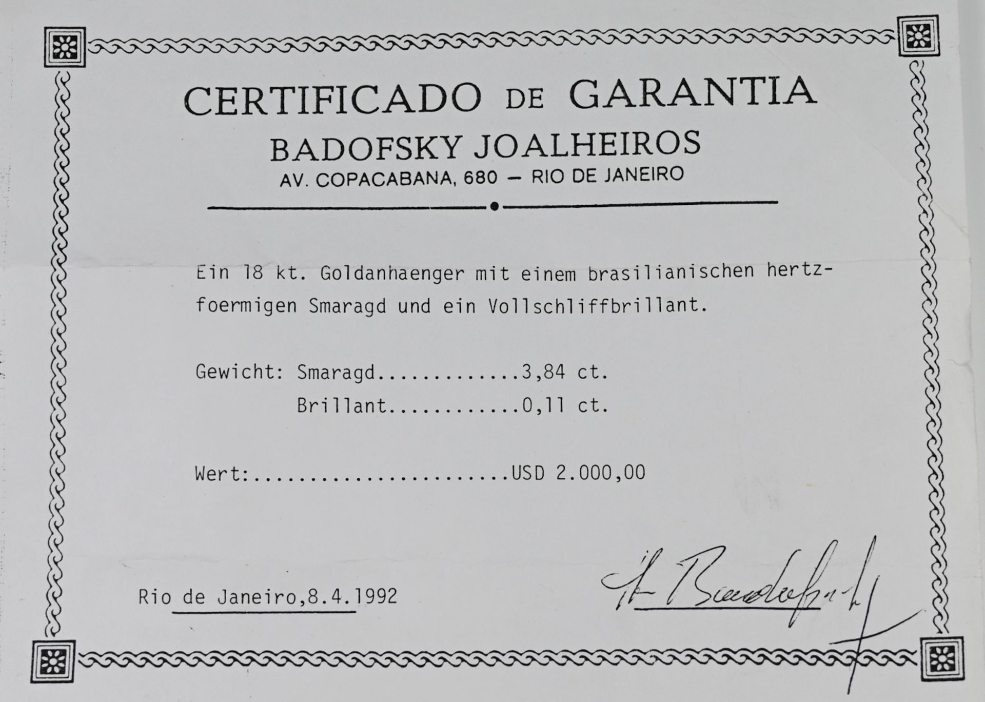 1 Anhänger/-clip GG 18ct., lt. Kopie des Zertifikats: Brasilianischer herzförmiger Smaragd ca. 3,84c - Image 2 of 2