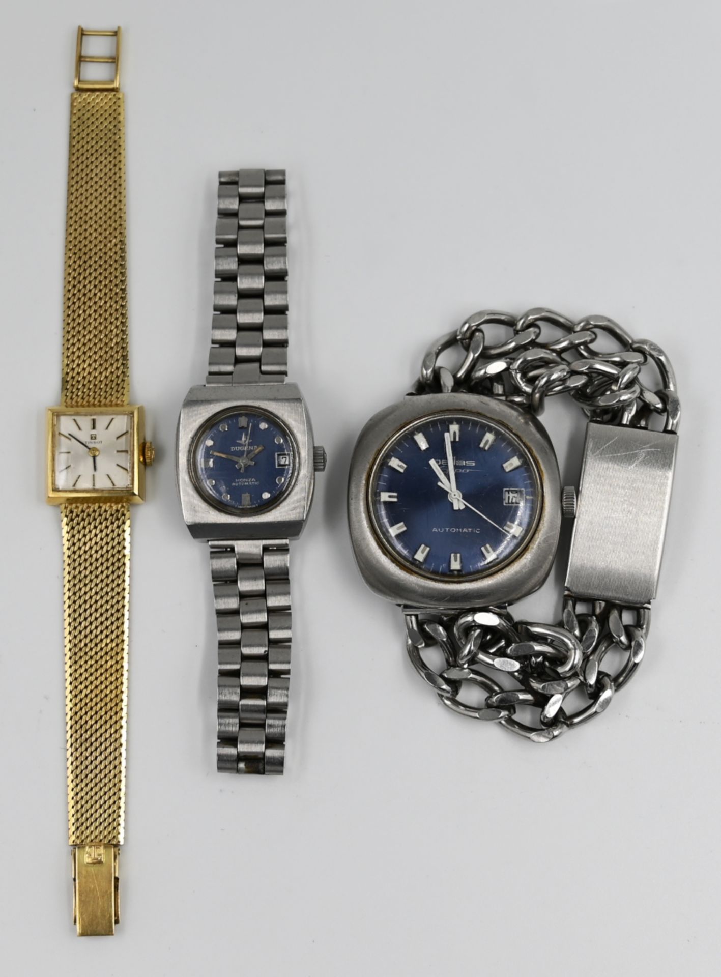 1 Damenarmbanduhr TISSOT GG 14 ct., sowie 2 Armbanduhren je Metall, PALLAS/DUGENA