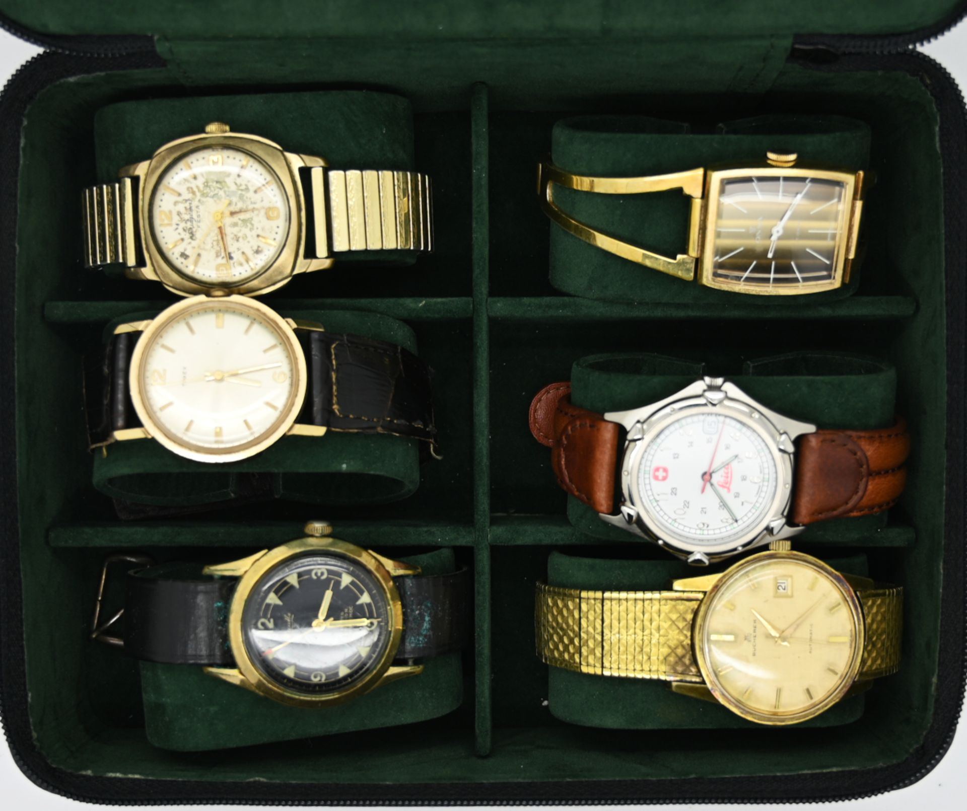 6 Armbanduhren, je Metall, z.T. vergoldet, z.T. mit Lederband, versch. z.B. BUCHERER (Automatik), DU